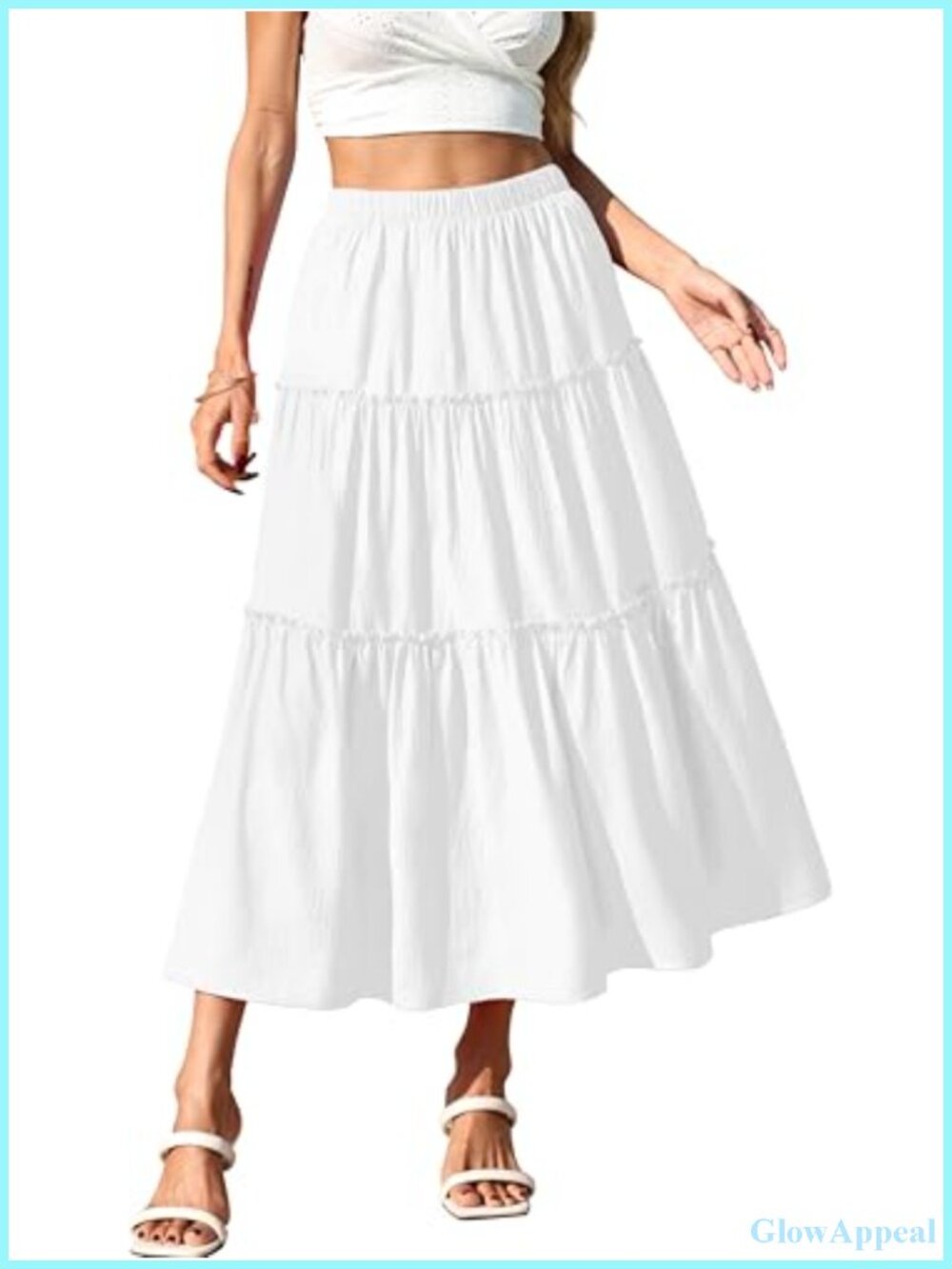 Bohe Flared Ruffle Midi Skirt A-Line Elastic Waist